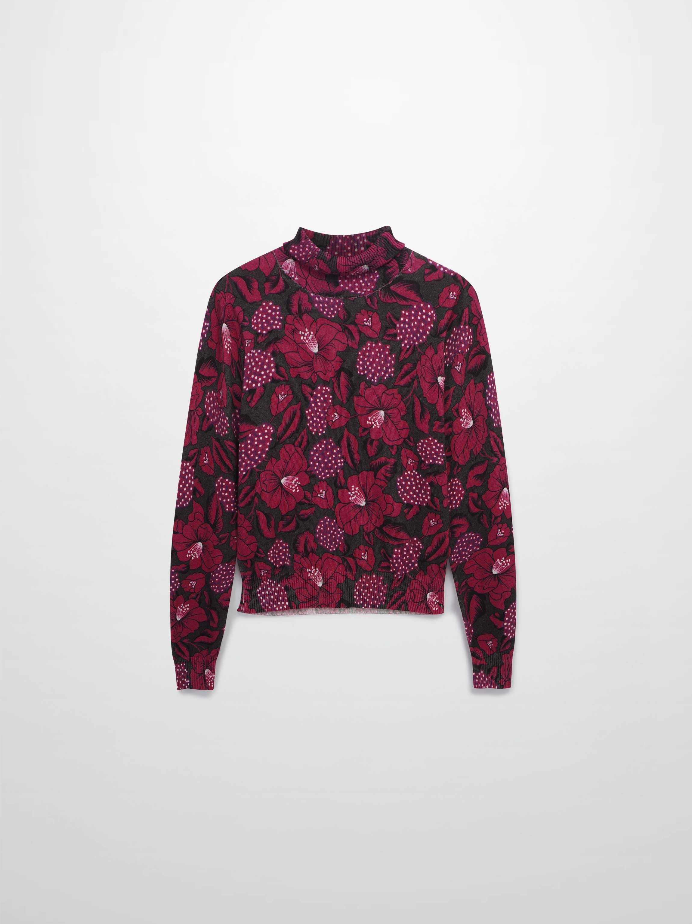 Thin Knit Turtleneck Sweater-Grey Pink Floral