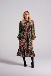 PRINT DRESS WITH CONTRAST SLEEVE AND BELT