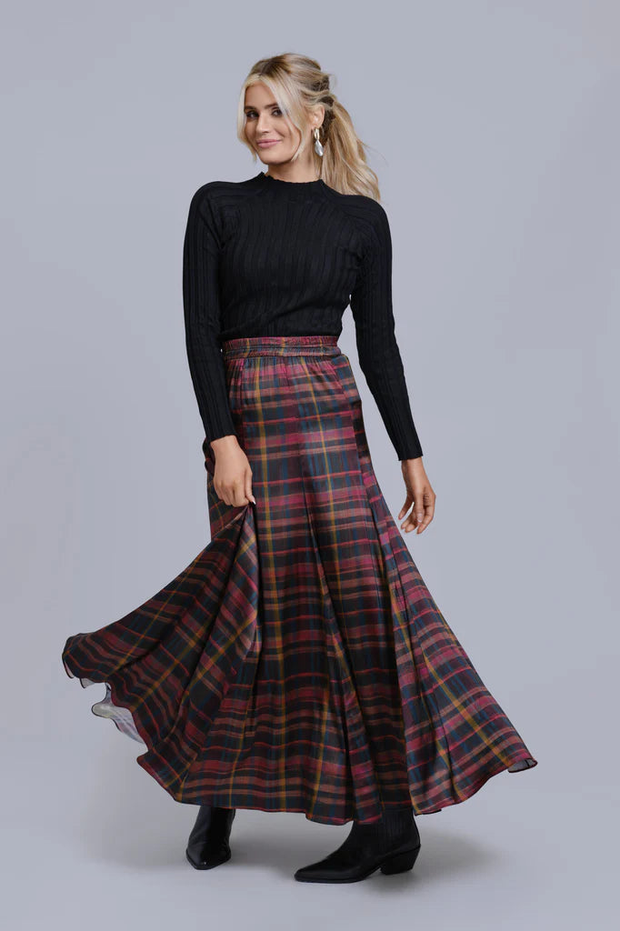 Printed Panel Maxi Skirt Plaid