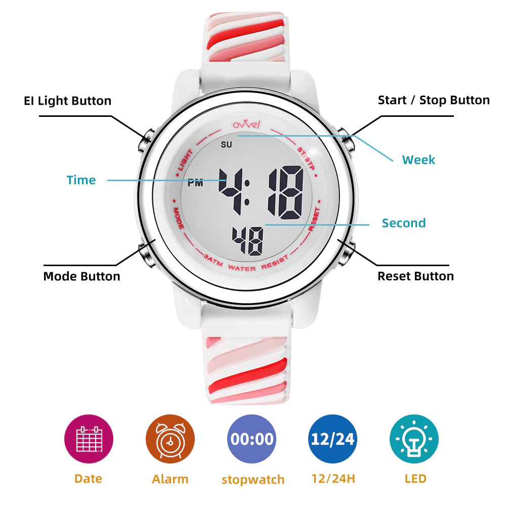 Ovvel Girls Digital Wristwatch with Many Features - Pink Swirls