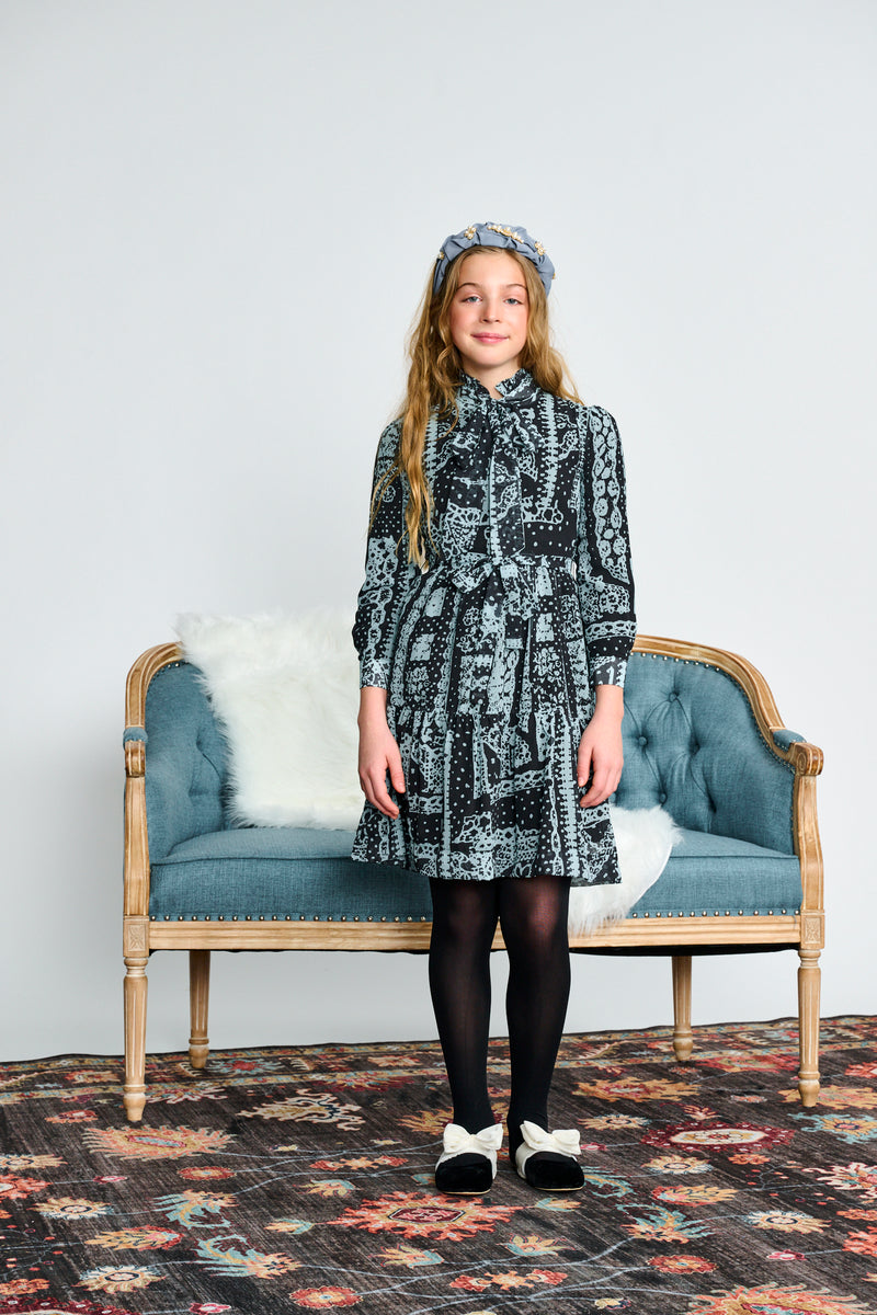 BABY BLUE PRINT ON BLACK CHIFFON DRESS 2592