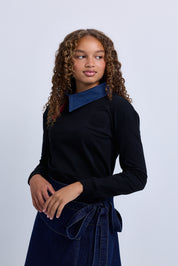 denim collar jersey knit top with assymetric side opening