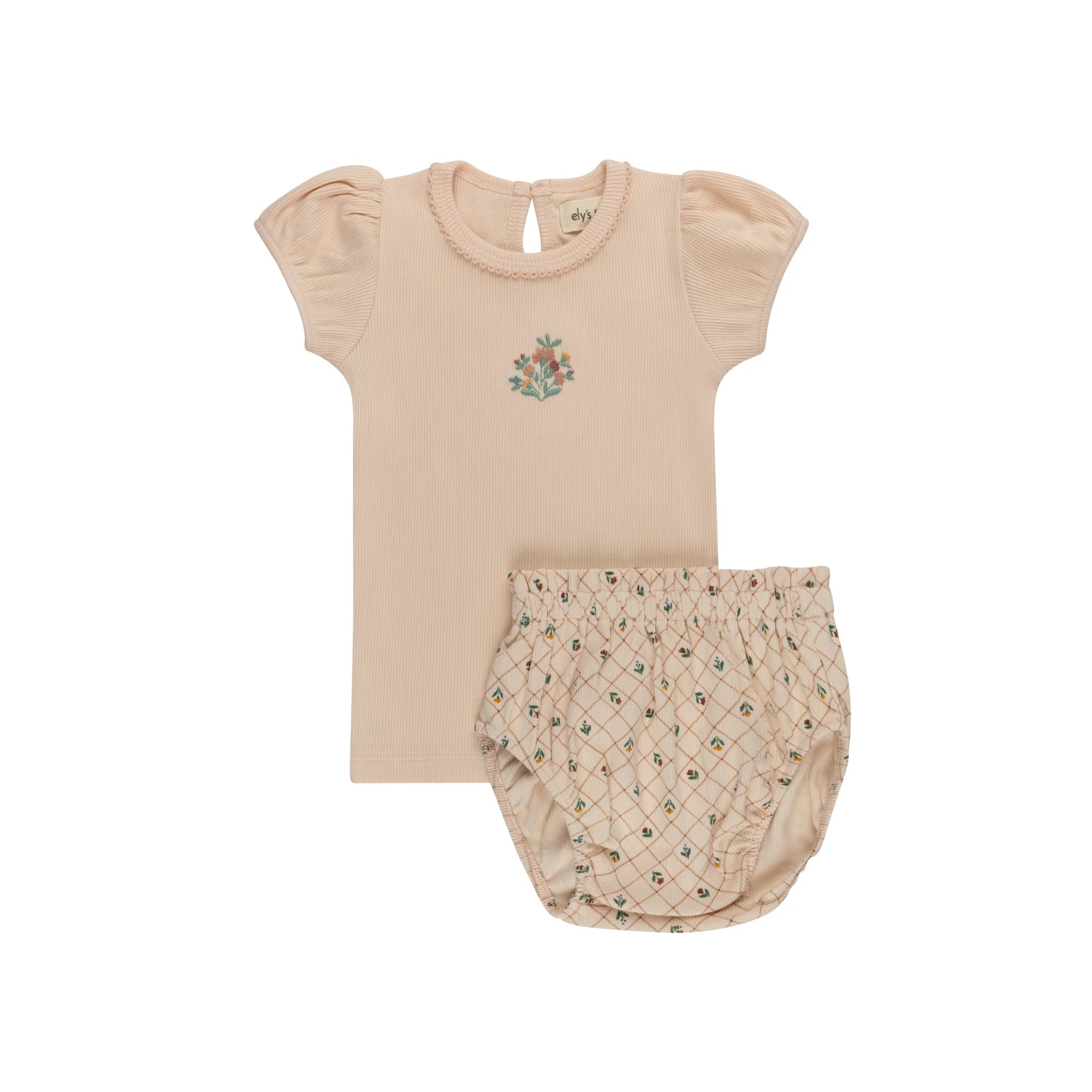 Girls Tshirt and Bloomer Set - Pink - Embroidered Florals