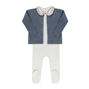 Baby Boy Footie and Bonnet – Ivory Blue – Embroidered Collar