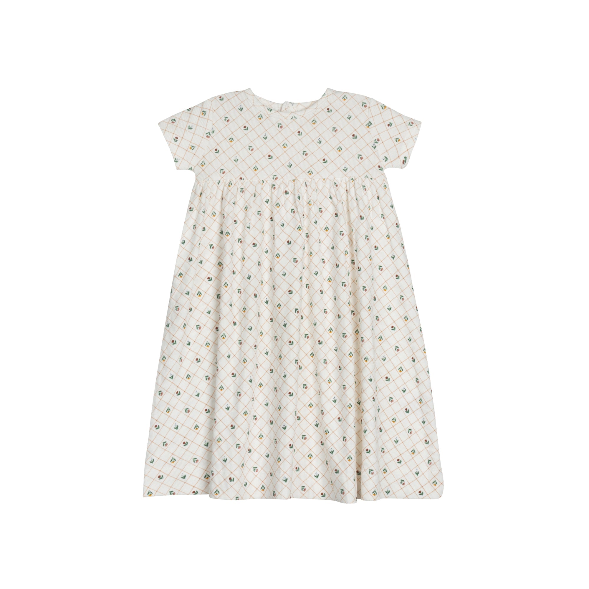 Girls Dress 3/4 Sleeves - Ivory - Floral Grid