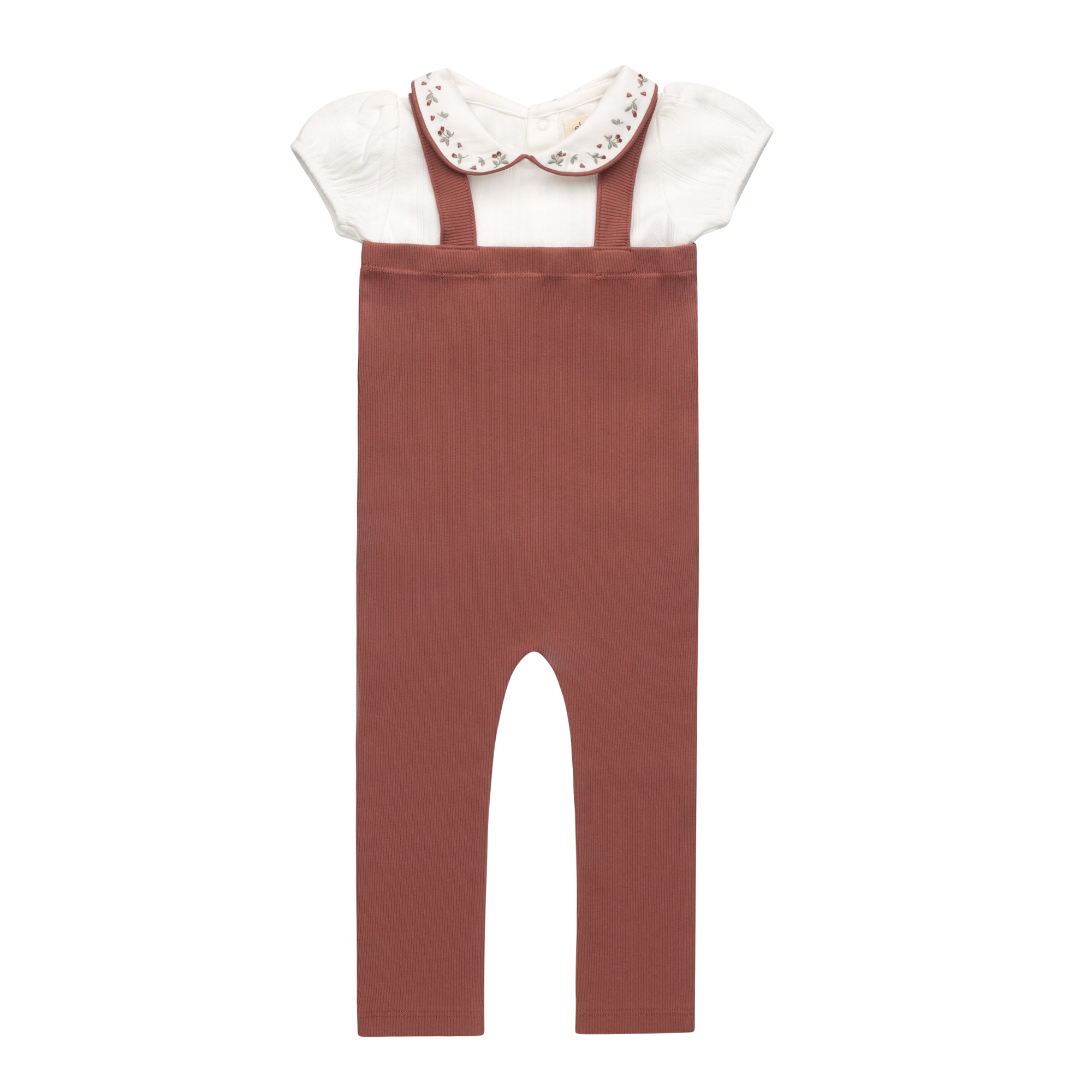 Girls Bodysuit and Overalls – Ivory Pink – Embroidered Collar