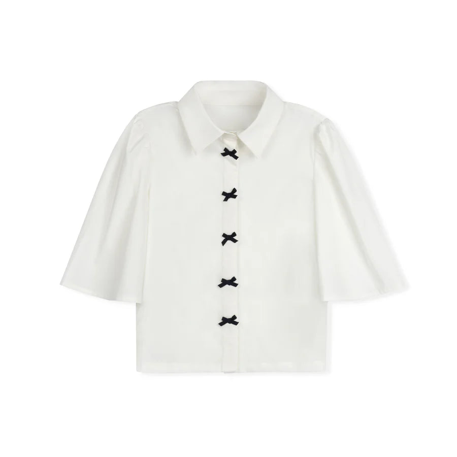 NAVY BOW BUTTON BLOUSE