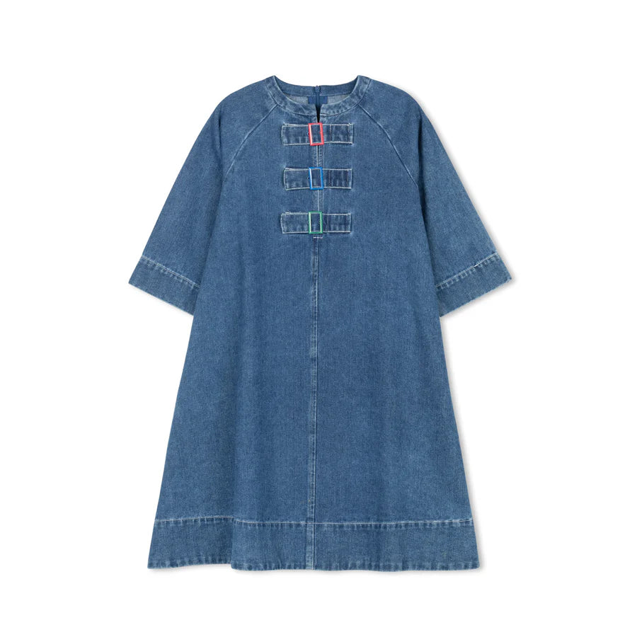 DENIM COLORED BUCKLE DRESS