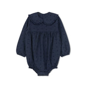 BLUE PINSTRIPE BOW ROMPER