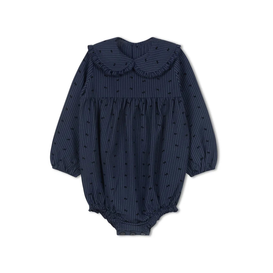 BLUE PINSTRIPE BOW ROMPER