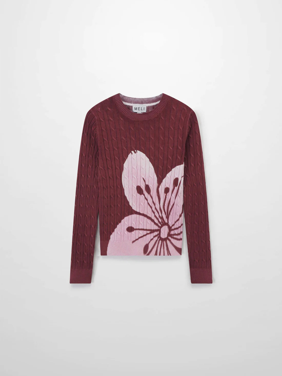 Printed Cable Sweater-Maroon/Pink Flower