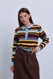 Colour Block Stripey Polo Style Knit Top