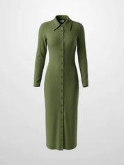 Button Down Ribbed Maxi Dress-Olive