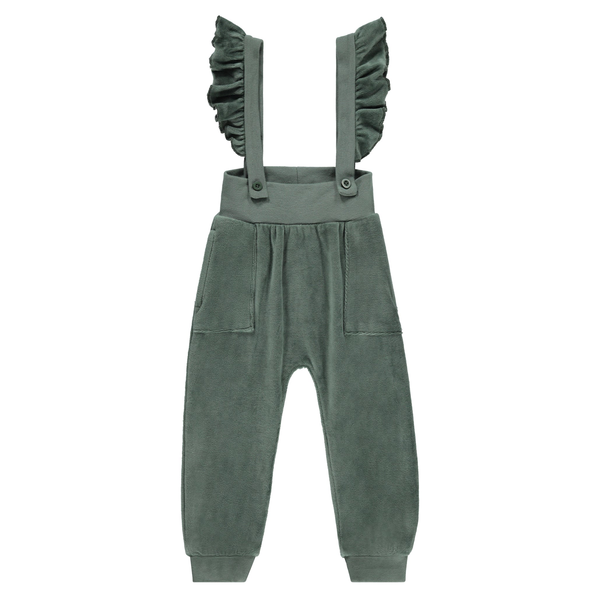 Velour Ruffle Overalls