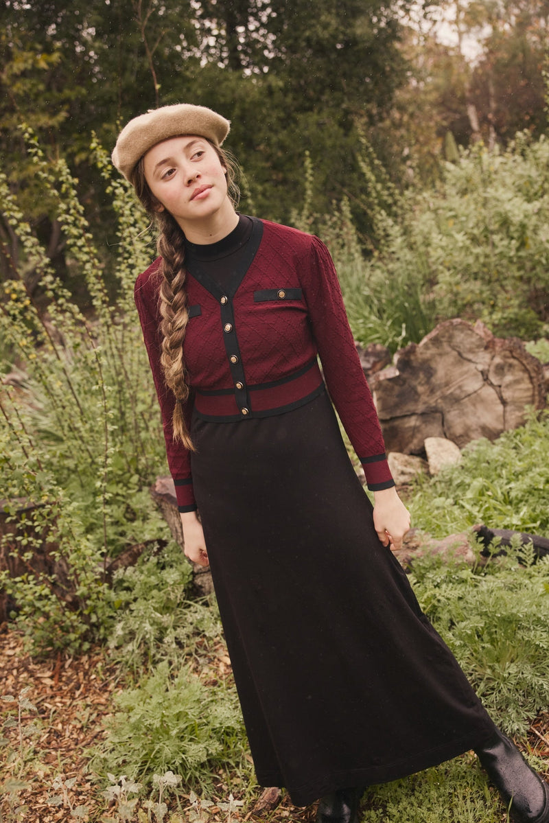 EMERSON TEEN JACQUARD CARDIGAN OVERLAY MAXI-BURGUNDY