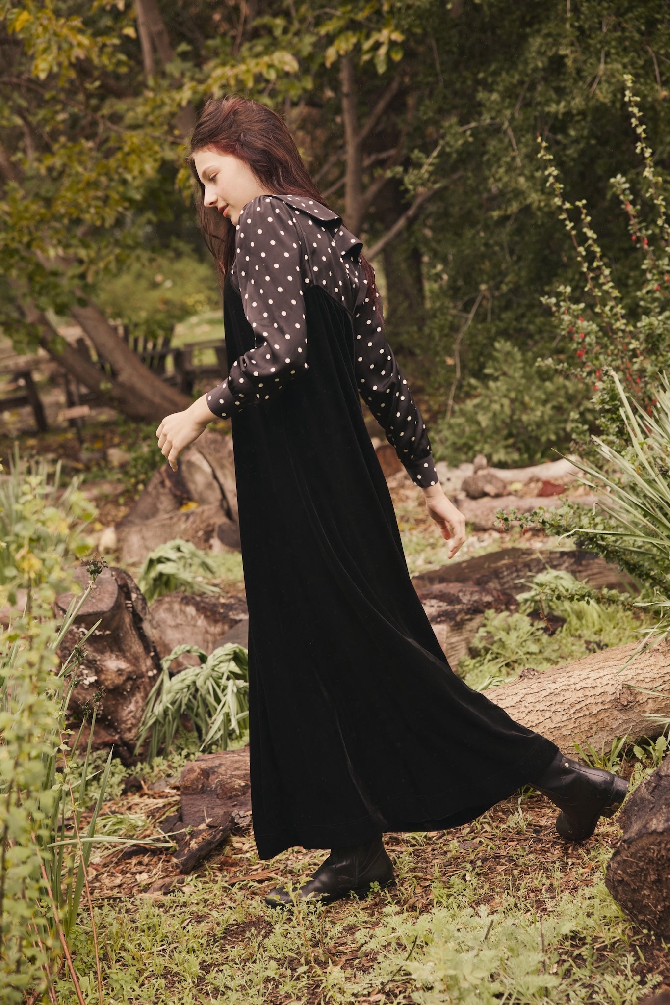 SCARLETT BLOUSE AND VELVET TEEN JUMPER SET- BLACK POLKA DOT
