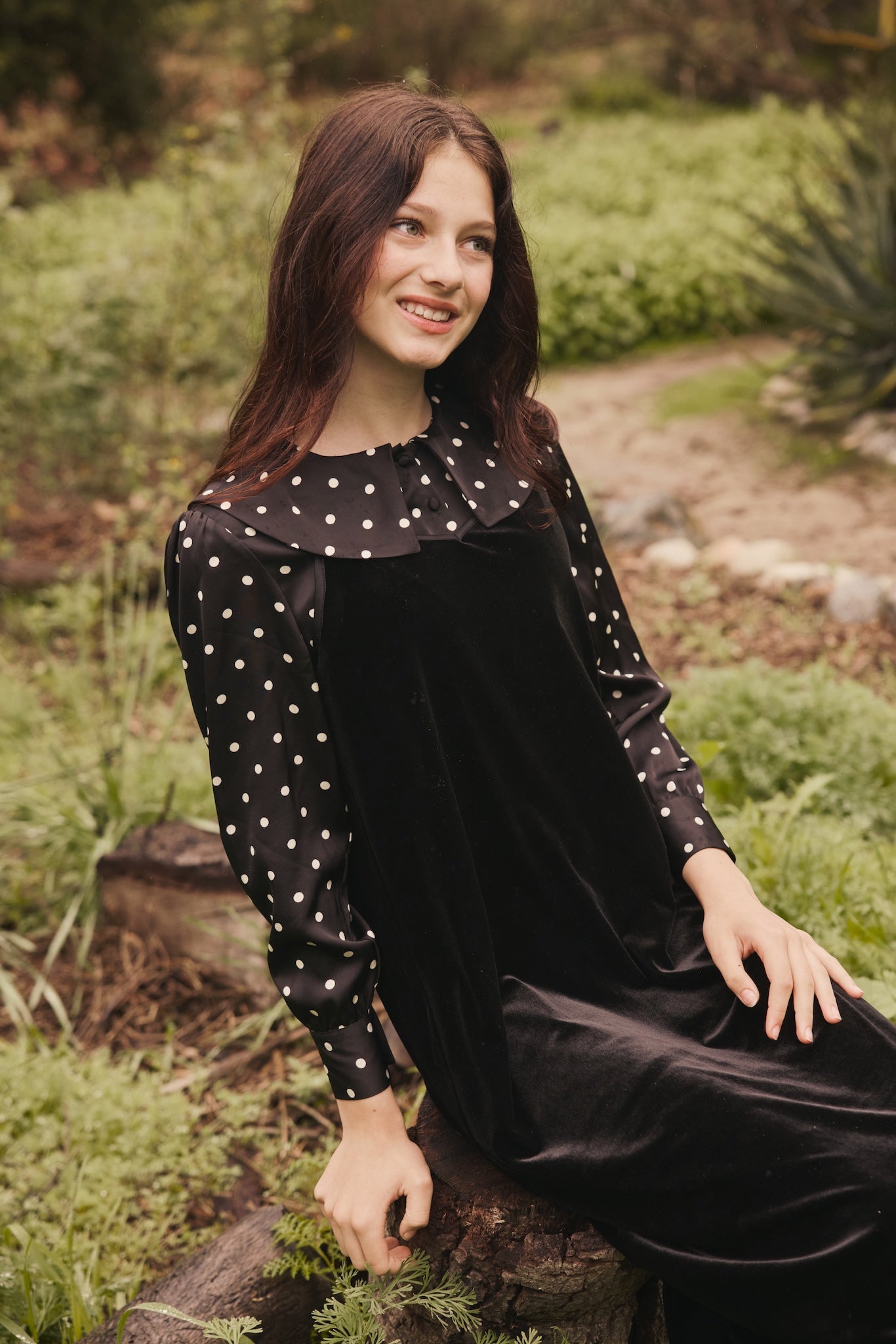 SCARLETT BLOUSE AND VELVET TEEN JUMPER SET- BLACK POLKA DOT
