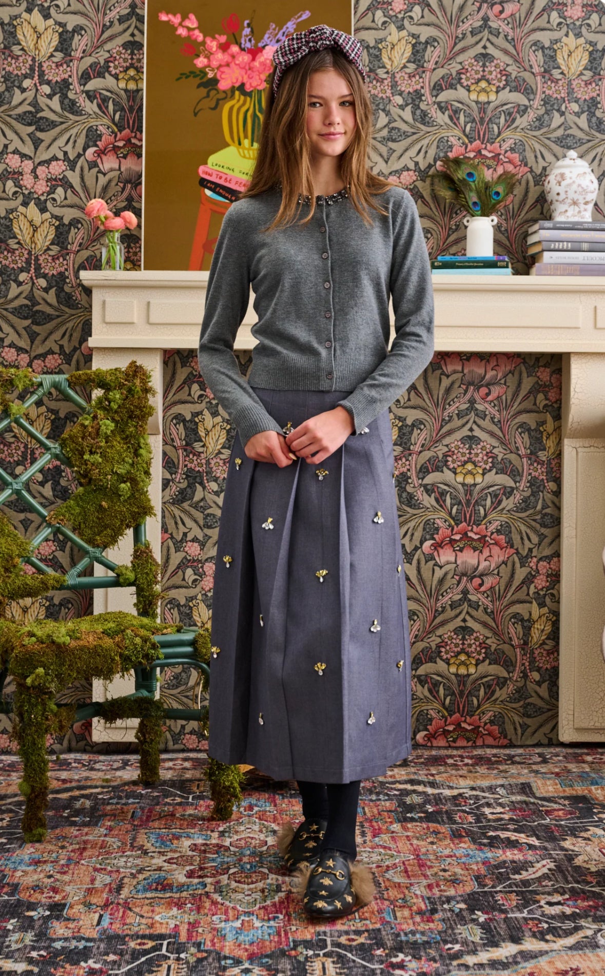 GREY WOOL W/ STONES THROUGHOUT A-LINE SKIRT T-1091