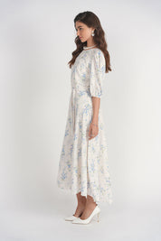 Smocked Shoulder Dress- White Floral