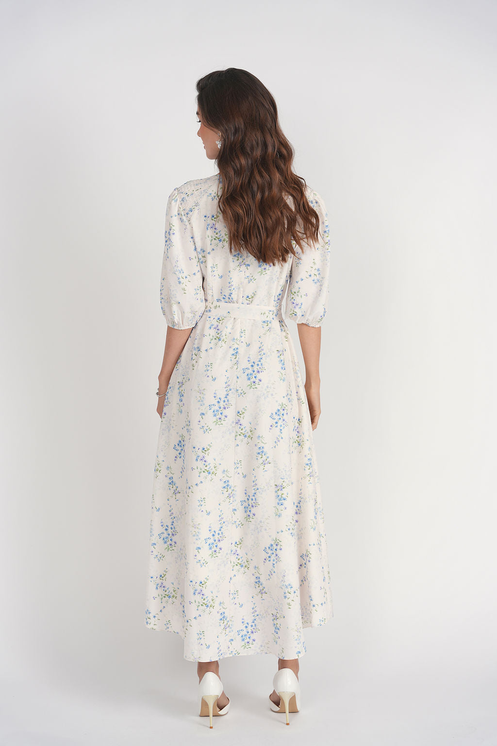Smocked Shoulder Dress- White Floral