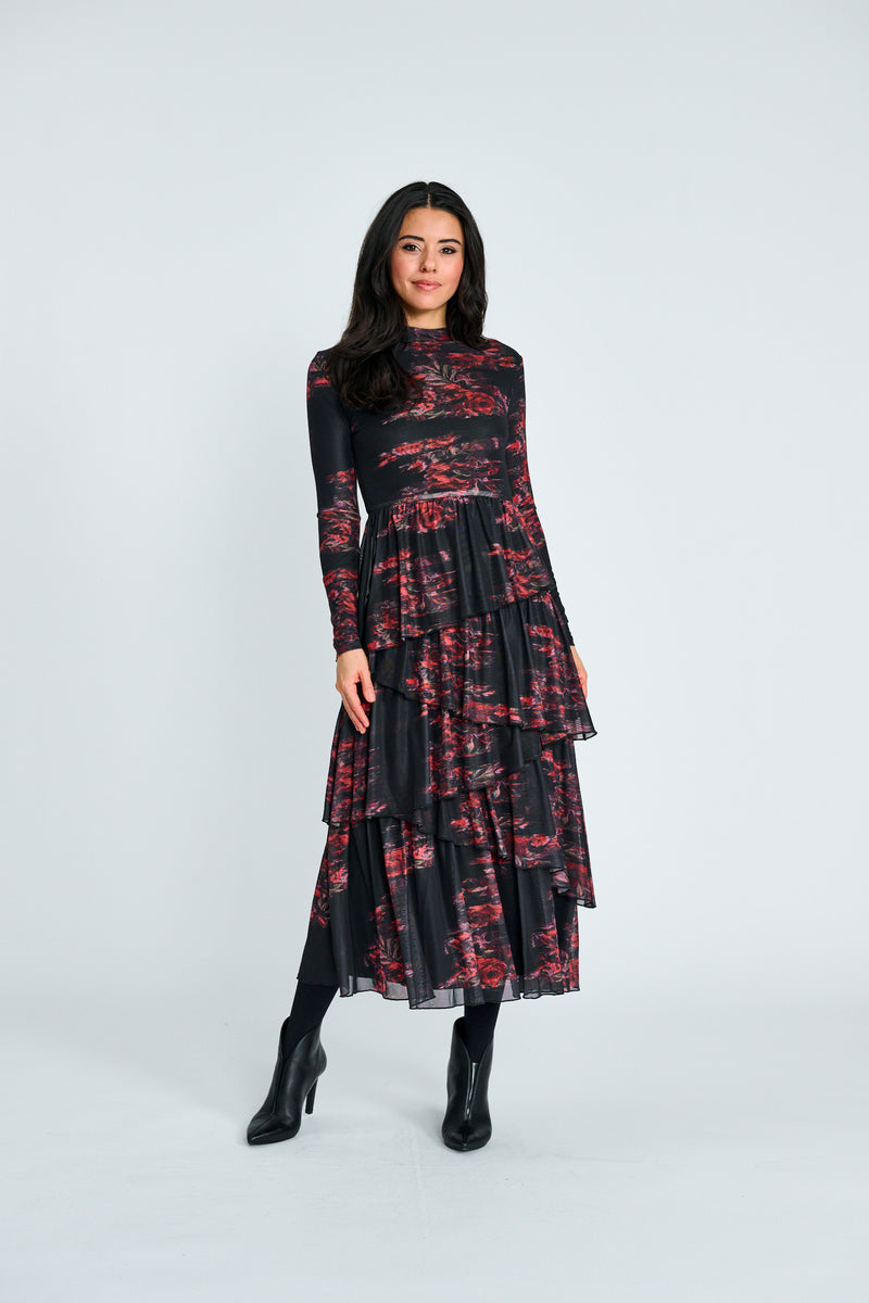 PRINTED MESH DRESS WITH LAYERED SKIRT 335369