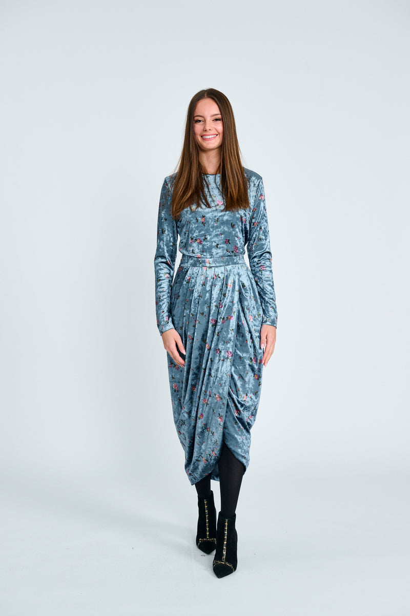 BLUE VELVET FLOTAL PRINTED DRESS WITH FAUX SKIRT WRAP 335543