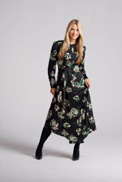 MOCK WRAP DRESS WITH LARGE ABSTRACT FLORAL PRINT