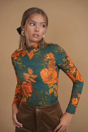 Bliss Printed Mock Neck Teal Floral