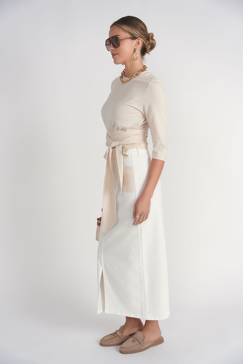 Contrast Pocket Midi Skirt- White Denim