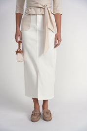 Contrast Pocket Midi Skirt- White Denim