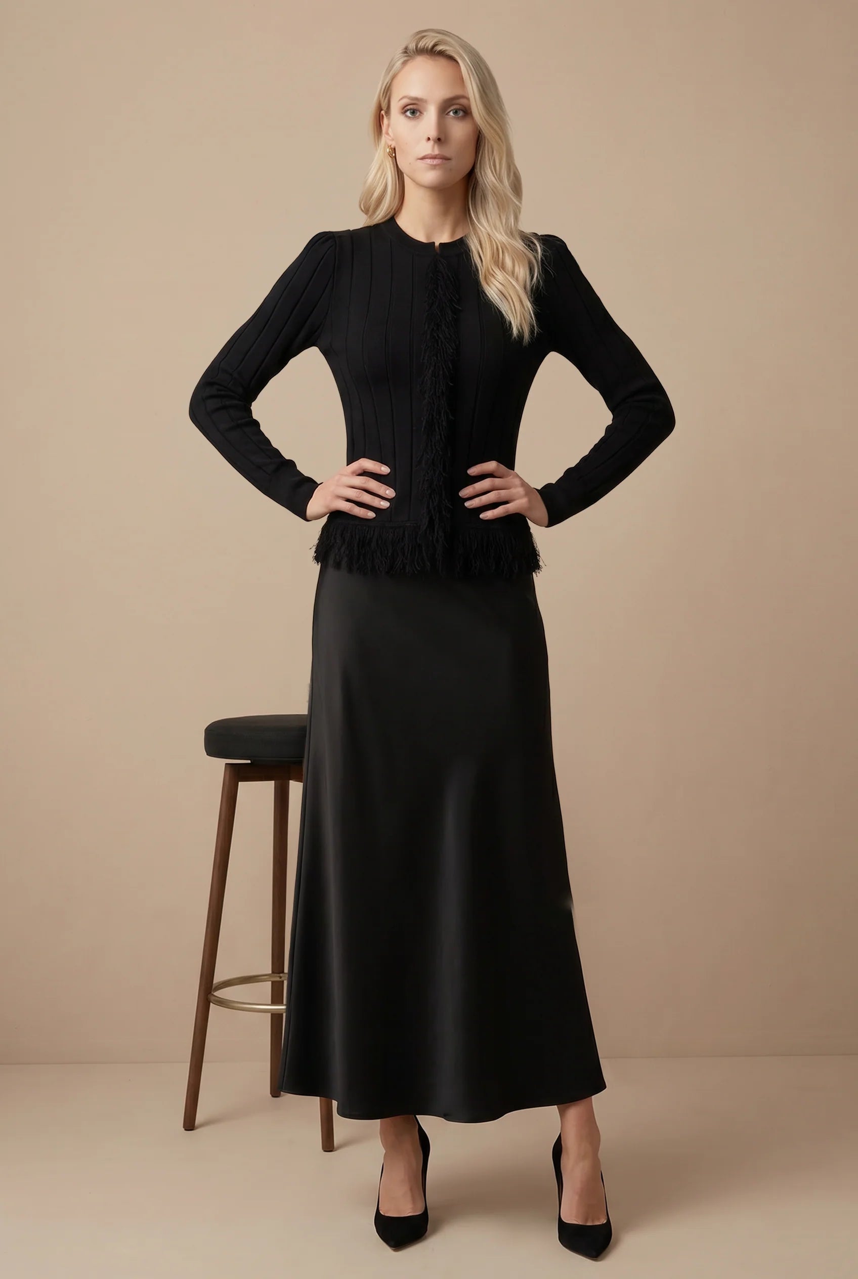 KNIT FRINGE SET-BLACK