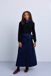 Wrap-Style Denim Maxi Skirt