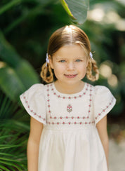 Girls Embroidered Trim Short Sleeve Dress – Ivory – Keepsake Collection
