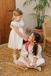 Girls Embroidered Trim Short Sleeve Dress – Ivory – Keepsake Collection