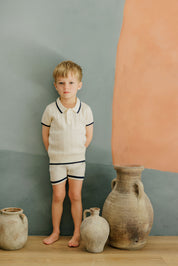 Boys Cable Knit Polo – Ivory/Navy – Keepsake Collection
