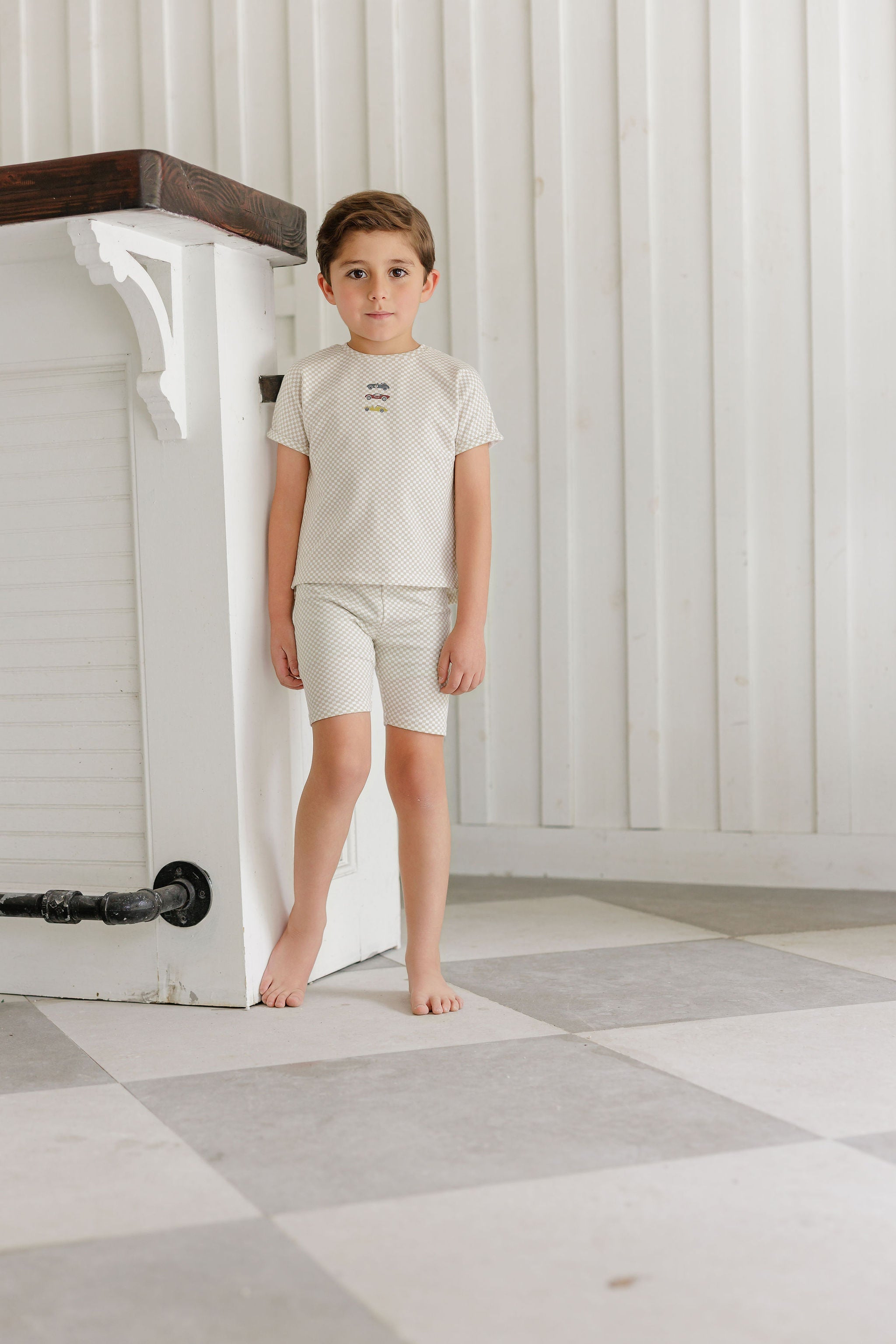 Boys Tee and Shorts – Tan – Checked Race Car