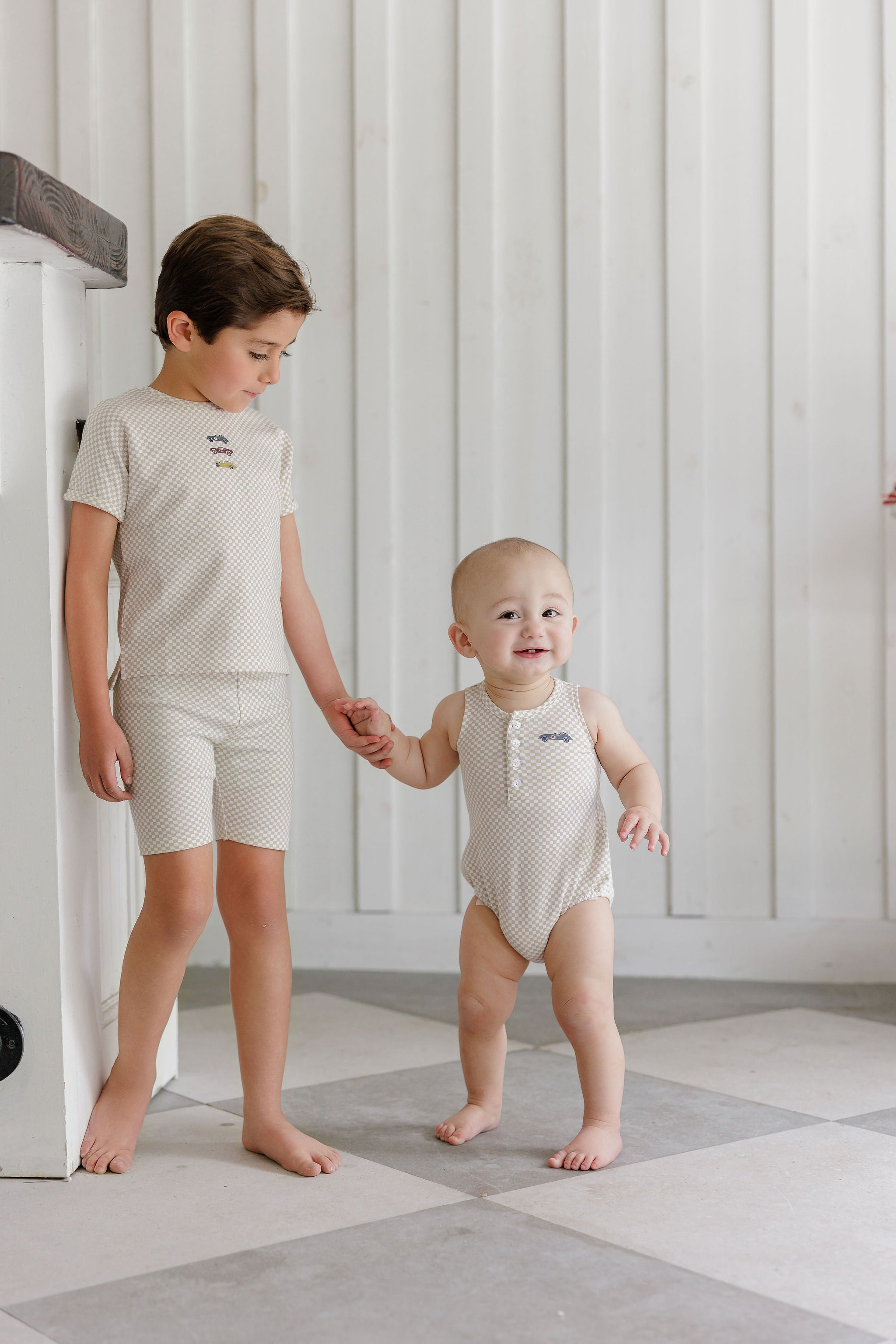 Boys Romper – Tan – Checked Race Car
