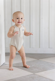 Boys Romper – Tan – Checked Race Car