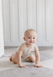 Boys Romper – Tan – Checked Race Car