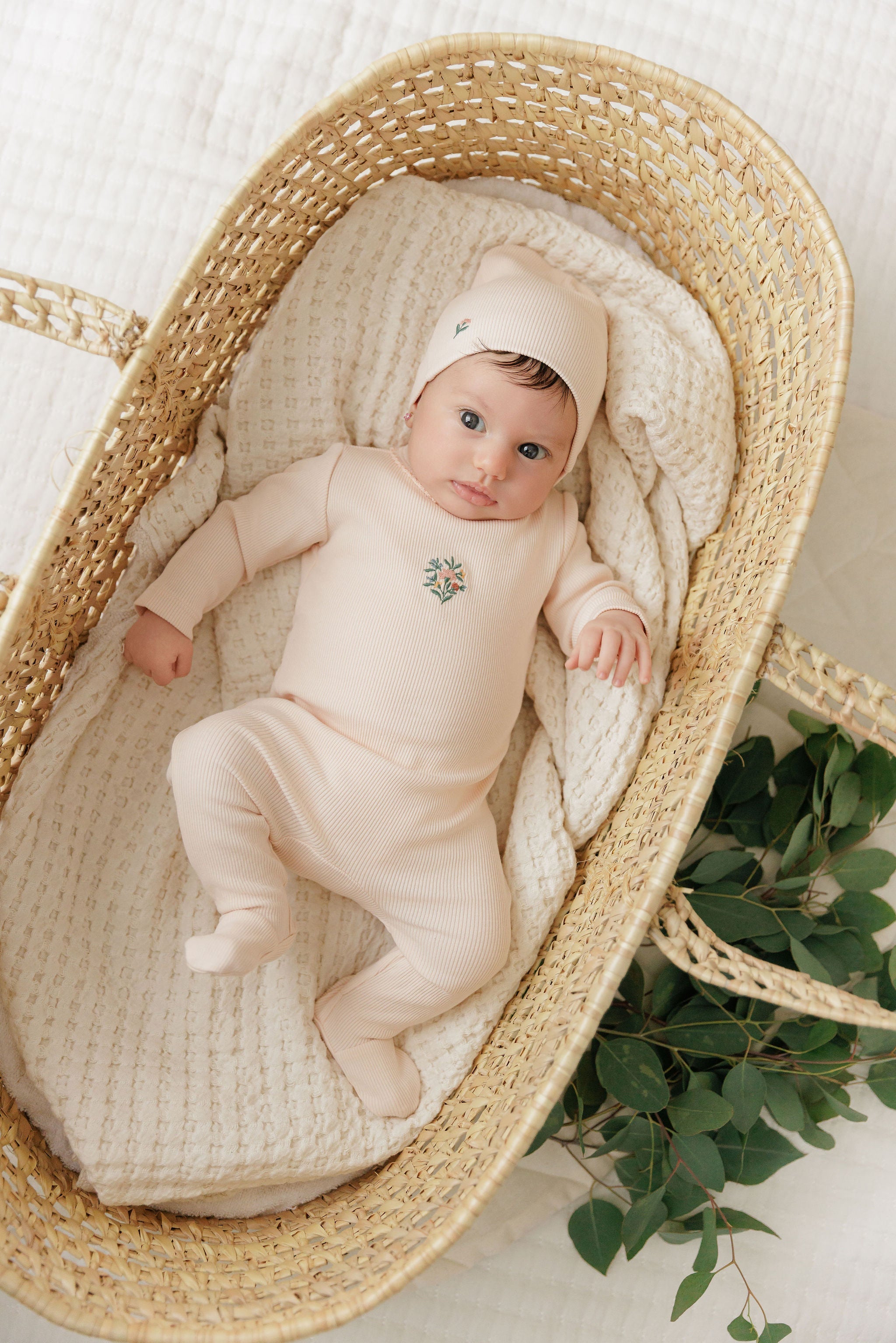Baby Girl Footie and Beanie - Pink - Embroidered Florals