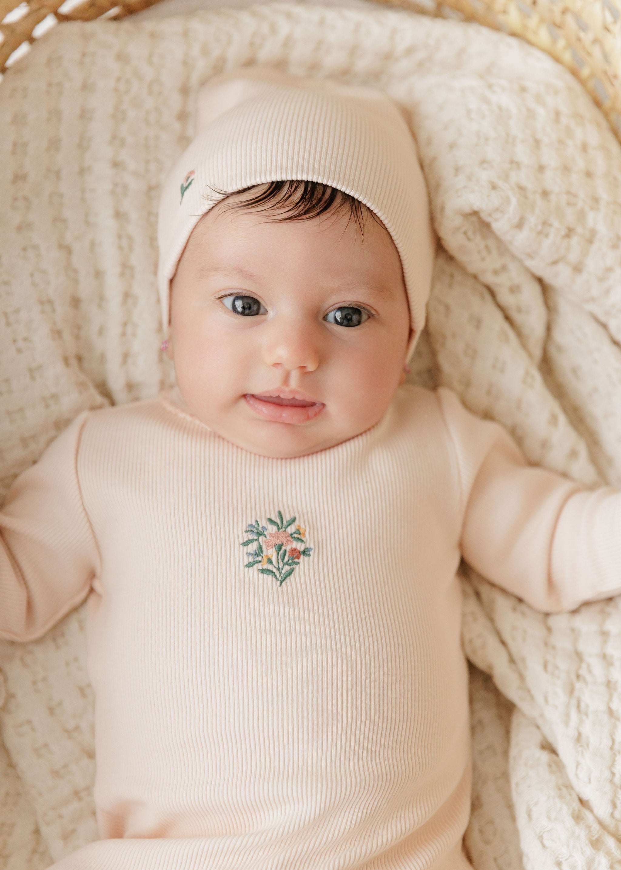 Baby Girl Footie and Beanie - Pink - Embroidered Florals