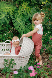 Girls Bodysuit and Overalls – Ivory Pink – Embroidered Collar