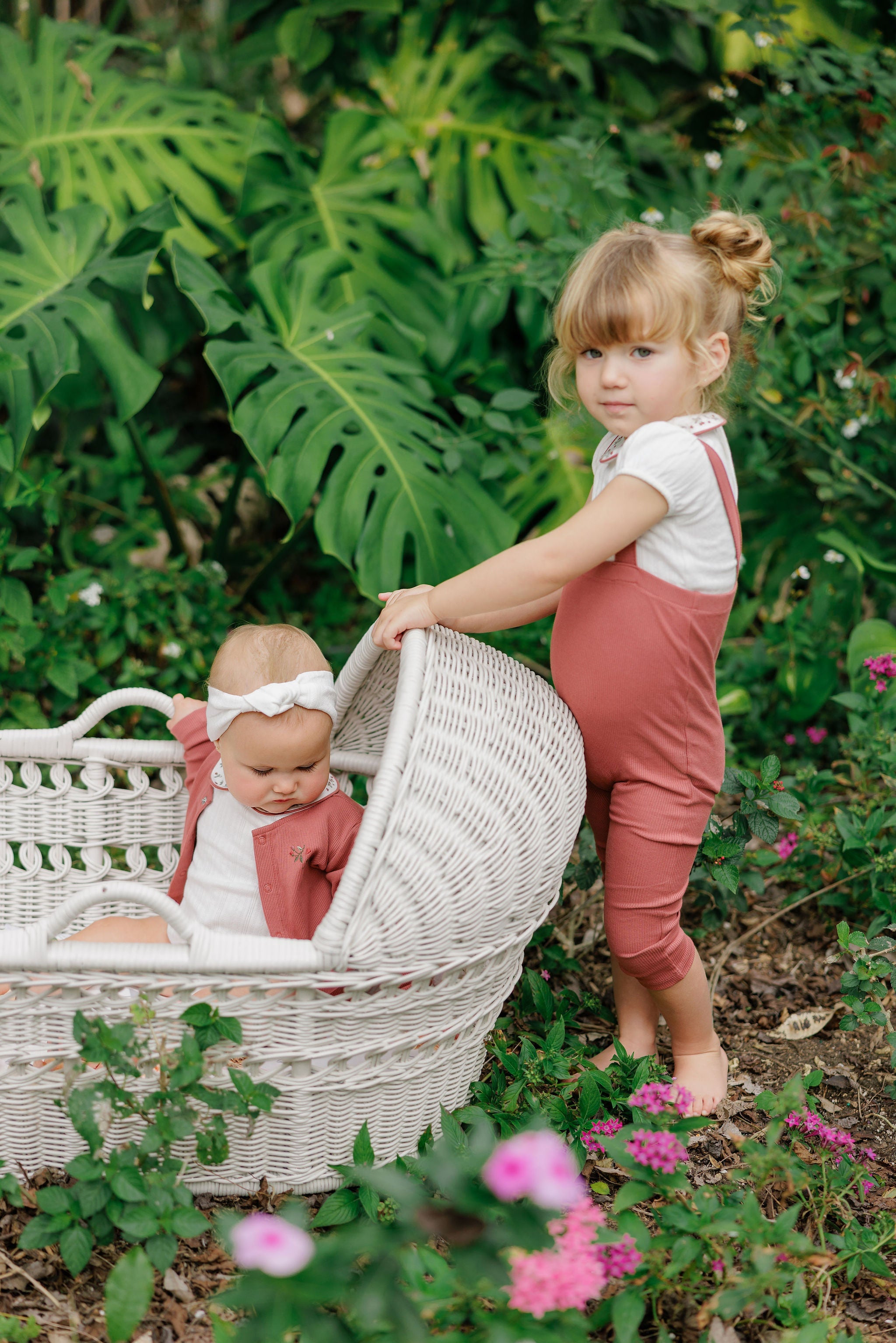 Girls Bodysuit and Overalls – Ivory Pink – Embroidered Collar