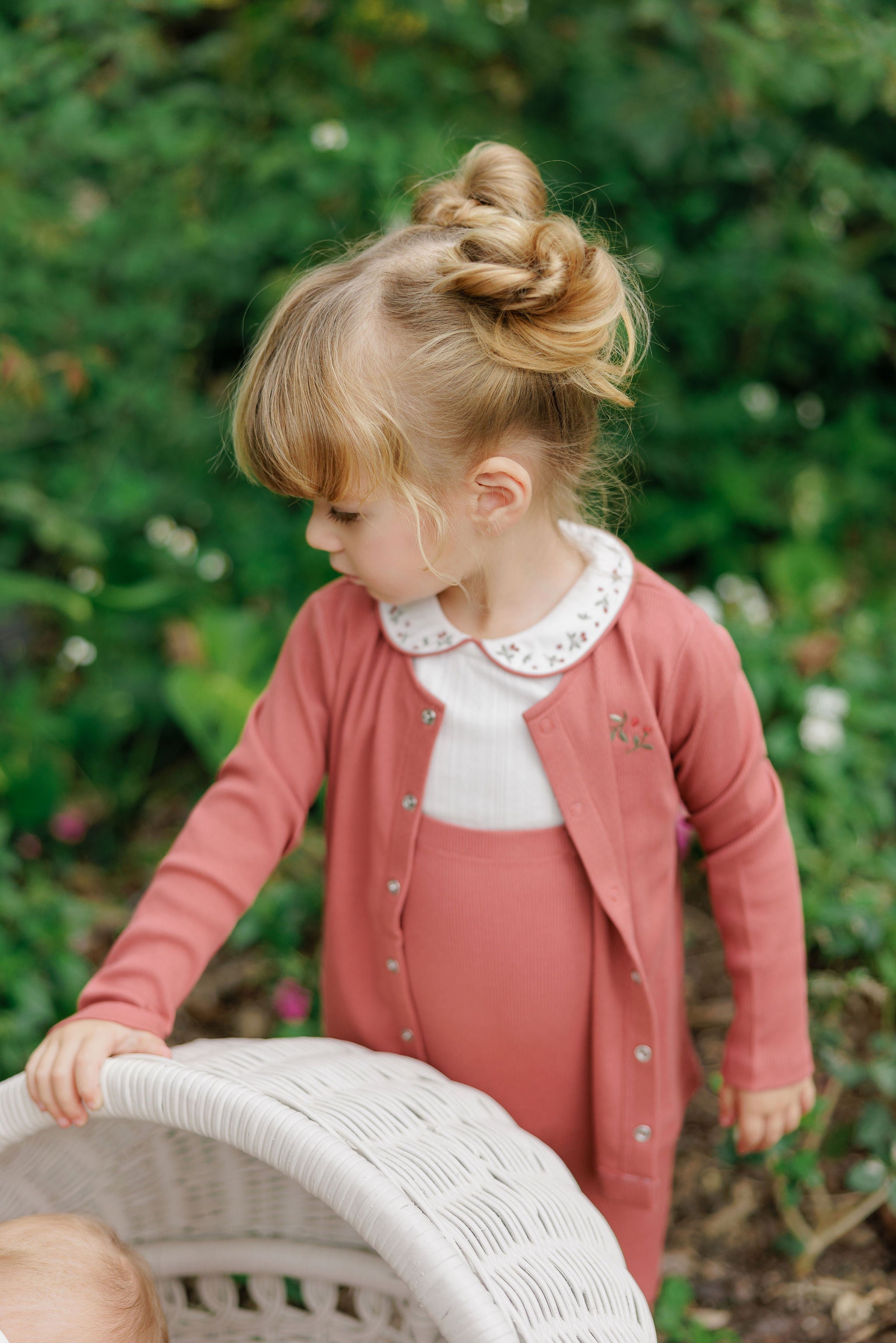 Girls Bodysuit and Overalls – Ivory Pink – Embroidered Collar