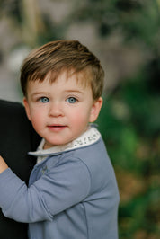 Boys Bodysuit and Overalls – Ivory Blue – Embroidered Collar