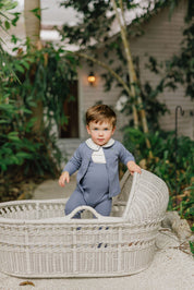 Boys Bodysuit and Overalls – Ivory Blue – Embroidered Collar