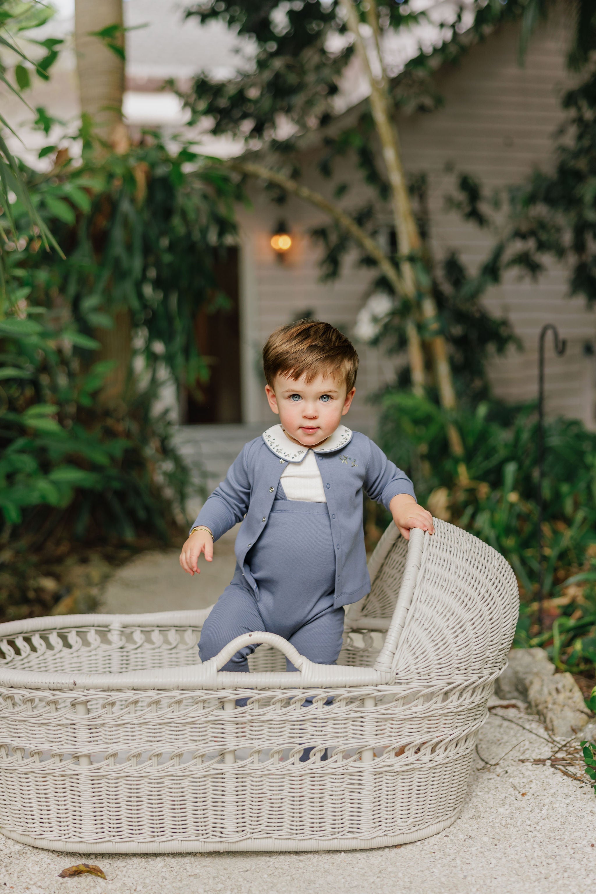 Boys Bodysuit and Overalls – Ivory Blue – Embroidered Collar