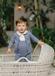 Boys Bodysuit and Overalls – Ivory Blue – Embroidered Collar