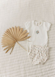 Girls Tshirt and Bloomer Set - Ivory - Embroidered Florals