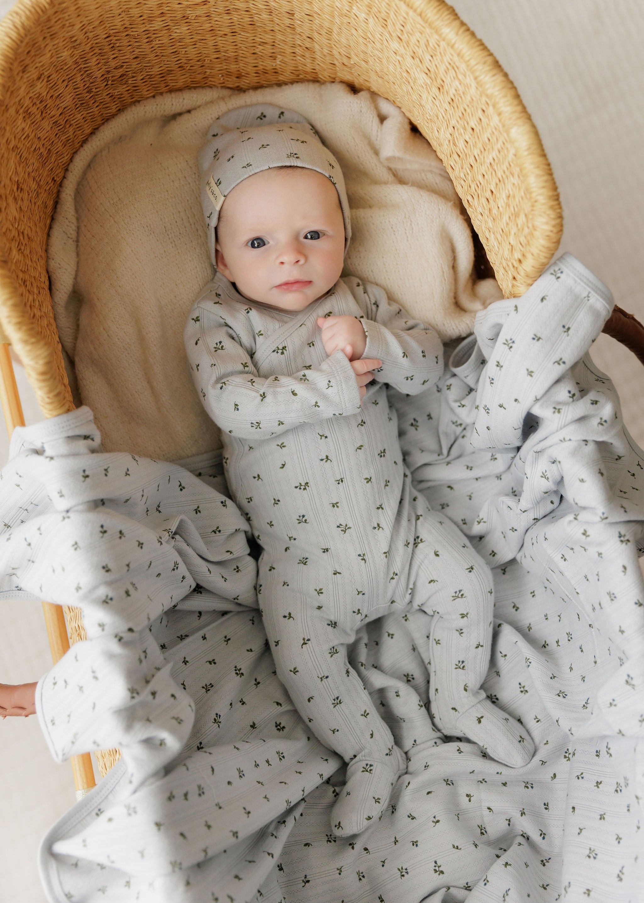 Baby Boy Footie and Beanie – Blue – Floral Pointelle